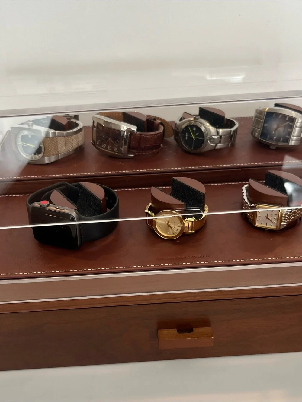 Wood & Acrylic Watch Display Case with Leather Base - Brown